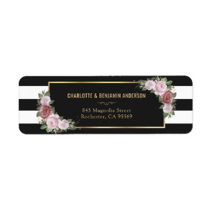 Elegant Black and White Gold Blush Pink Floral Return Address Label