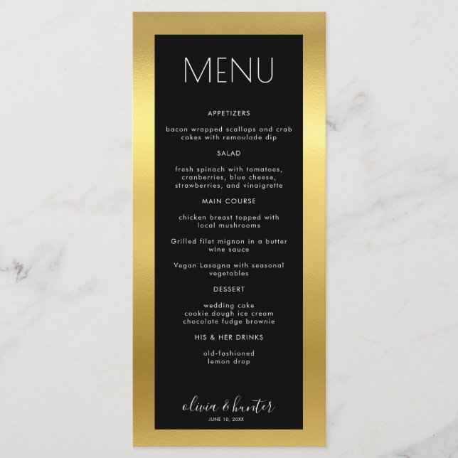 Elegant Black and White Gold Dinner Menu (Front)