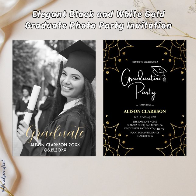 Elegant Black and White Gold Graduate Photo Party Invitation (Creator Uploaded)