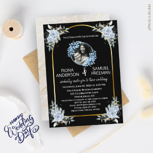 Elegant Black and White Gold Photo Wedding Invitation