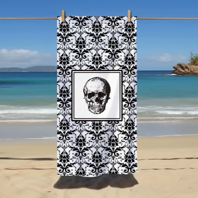 Elegant Black And White Gothic Damask Skull Beach Towel (Elegant Black And White Gothic Damask Skull Beach Towel)