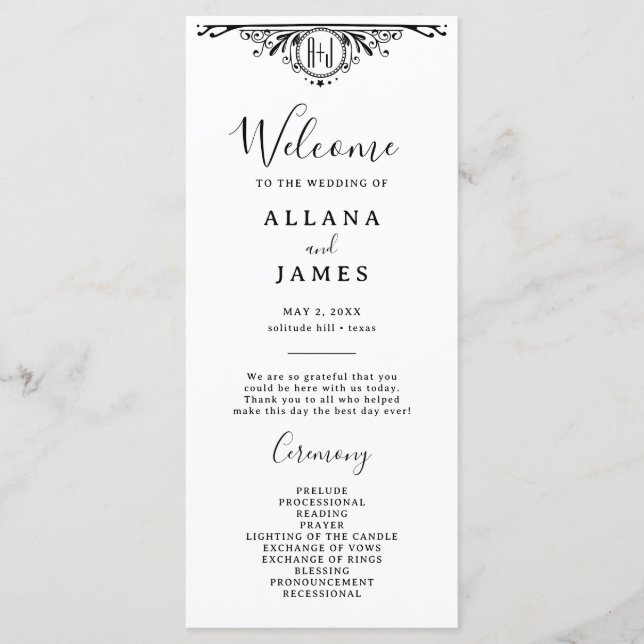 Elegant Black and White Gothic Monogram Wedding  Menu (Front)