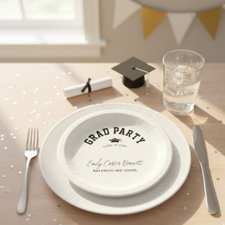 Elegant Black and White Grad Hat Graduation Paper Plate