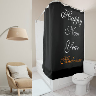 Elegant Black and White Happy New Year Custom Name Shower Curtain