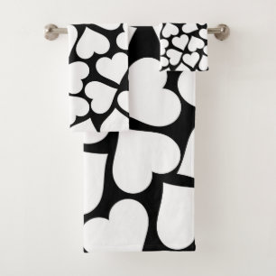 Elegant Black and White Heart Pattern Minimalist Bath Towel Set