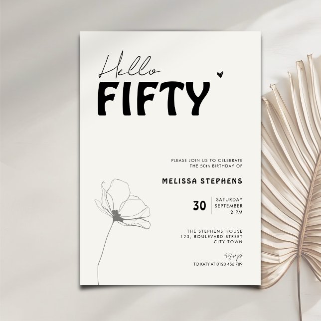Elegant Black and White Hello Fifty 50th Birthday Invitation (Creator Uploaded)