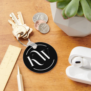 Elegant Black and White Initials Button Key Ring
