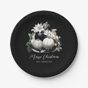 Elegant black and white ivory Christmas ornament Paper Plate