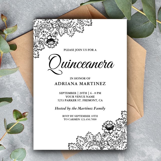 Elegant Black and White Lace Quinceanera Invitation (Creator Uploaded)