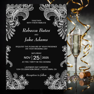 Elegant Black and White Lace Wedding Invitation
