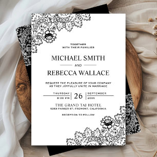 Elegant Black and White Lace Wedding Invitation