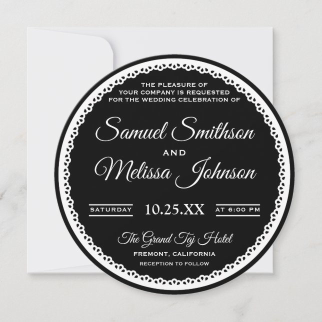 Elegant Black and White Lace Wedding Invitation (Front)