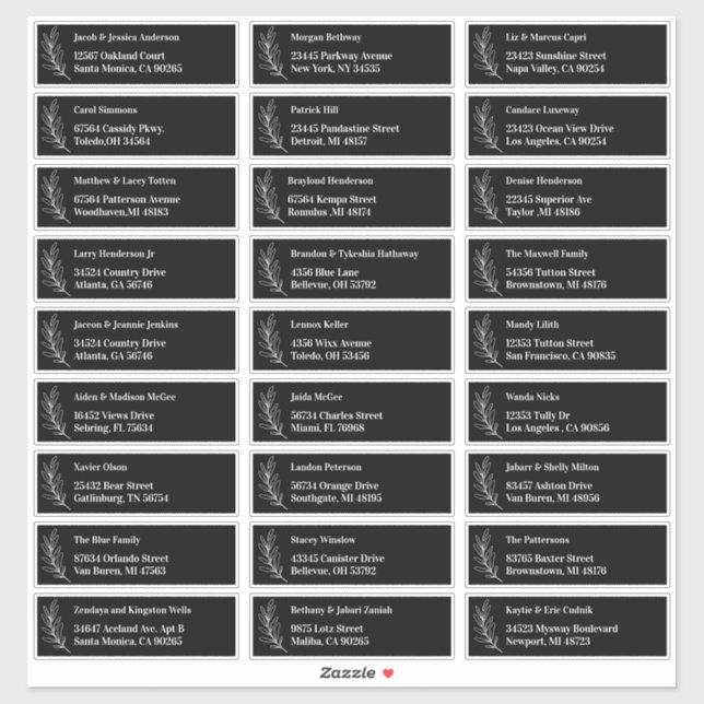Elegant Black and White Leaf Guest Address Labels (Sheet)