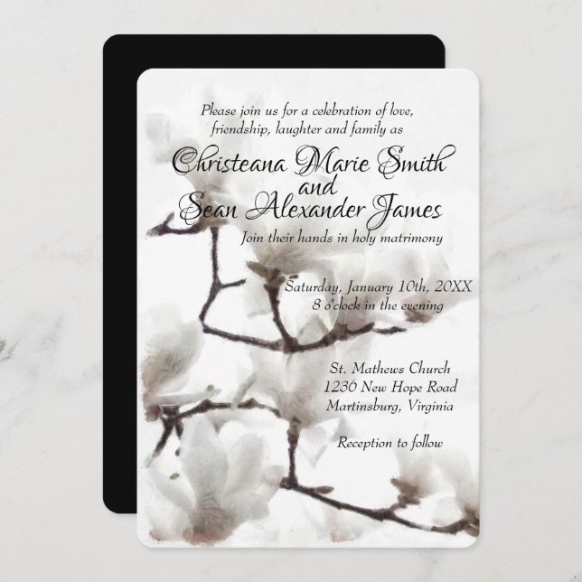 Elegant Black and White Magnolia Floral Watercolor Invitation (Front/Back)