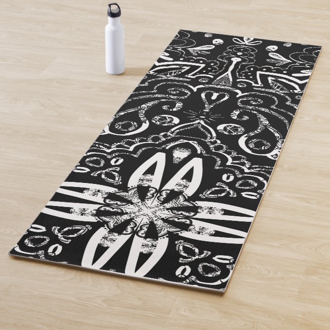 Elegant black and white mandala design throw pillo yoga mat (In Situ)