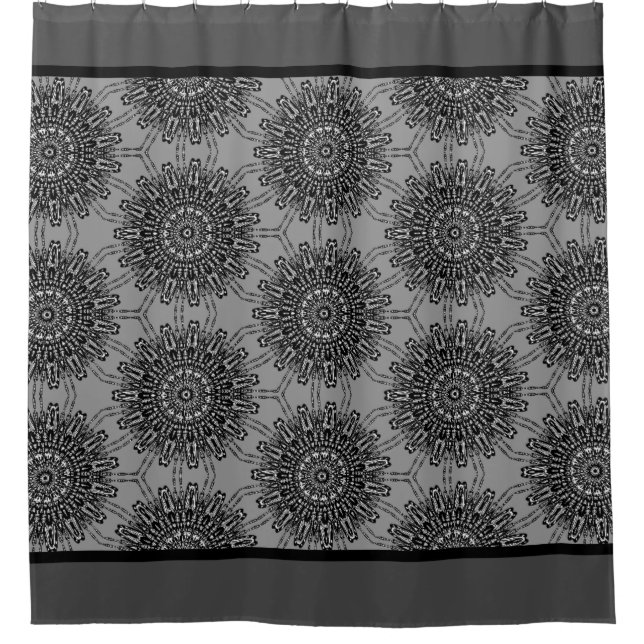 Elegant Black and White Mandala Pattern with Grey Shower Curtain (Front)