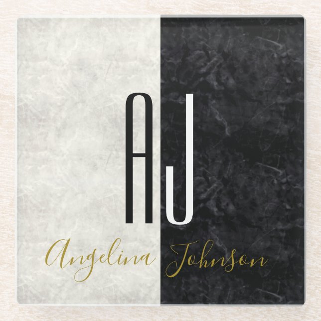 Elegant Black and White Marble Monogrammed Glass Coaster (Front)