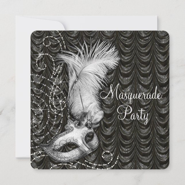 Elegant Black and White Masquerade Party Satin Invitation (Front)