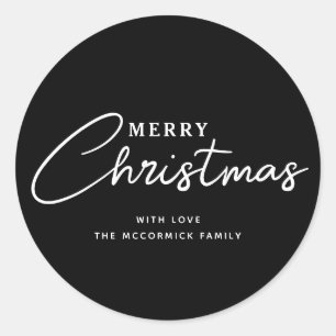 Elegant Black And White Merry Christmas Script Classic Round Sticker