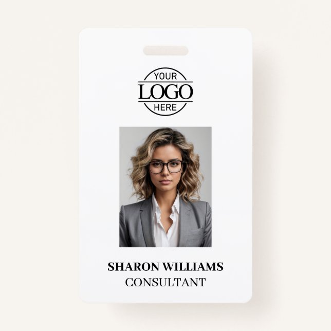 Elegant Black and White Minimalist Employee Photo ID Badge (Front)