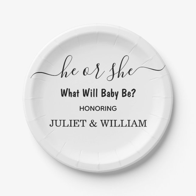 Elegant Black And White Minimalist Gender Reveal Paper Plate (Front)