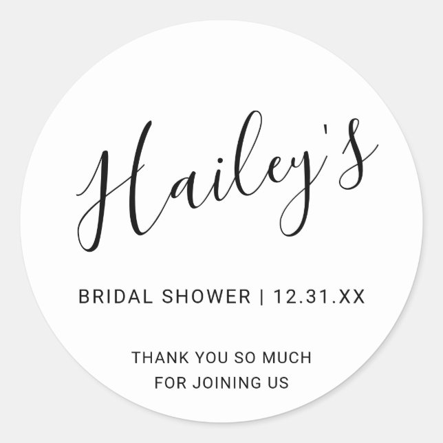 Elegant Black and White Modern Bridal Shower Classic Round Sticker (Front)
