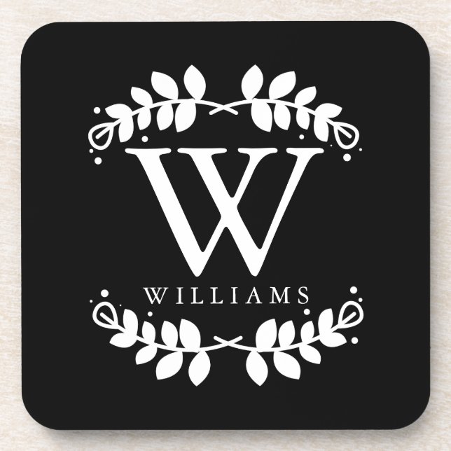 Elegant Black and White Modern Monogram Coaster (Front)