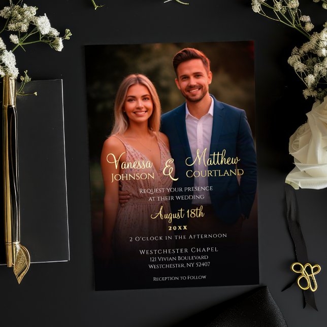 Elegant Black and White Modern Photo Wedding Gold (Elegant Minimalist Couple Photo Wedding invitation with Gold Foil Accents)
