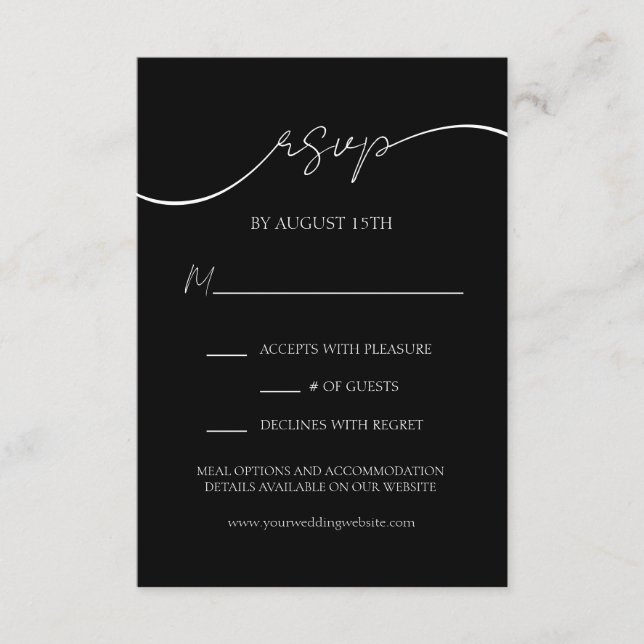 Elegant Black and White Modern Script Wedding RSVP Enclosure Card (Front)