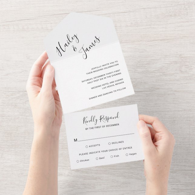 Elegant Black and White Modern Wedding All In One Invitation (Tearaway)