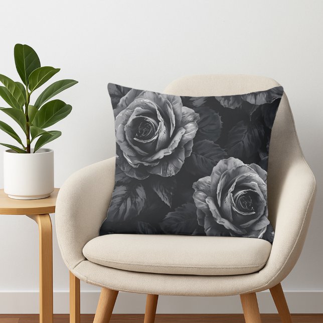 Elegant Black and White Monochrome Roses Cushion (Monochrome rose throw pillow)
