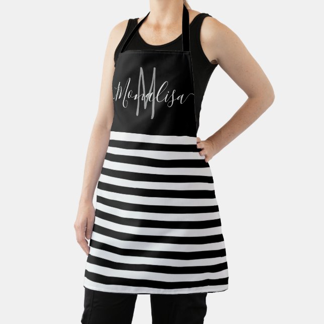 elegant black and white monogram apron (Insitu)