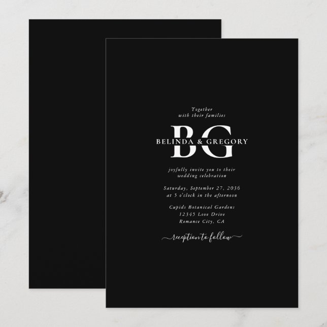Elegant Black and White Monogram Initials Wedding Invitation (Front/Back)