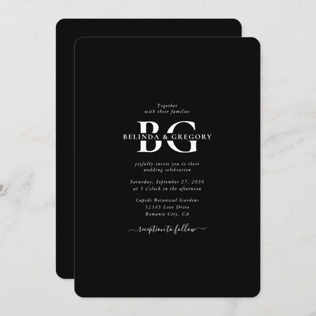 Elegant Black and White Monogram Initials Wedding Invitation (Front/Back)
