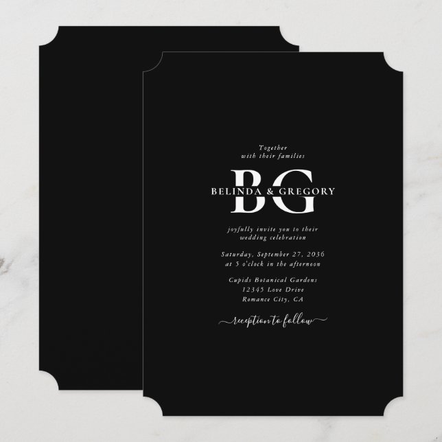 Elegant Black and White Monogram Initials Wedding  Invitation (Front/Back)