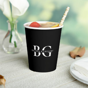 Elegant Black and White Monogram Initials Wedding Paper Cups