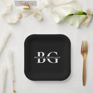 Elegant Black and White Monogram Initials Wedding Paper Plate