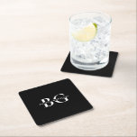 Elegant Black and White Monogram Initials Wedding Square Paper Coaster<br><div class="desc">A minimalist black and white monogram initials wedding design. A simple design that uses the bride's and groom's initials and names to create an elegant classic monogram. A charming black and white minimalist monogrammed design with classy script typography. An elegant black and white monogram initials themed wedding paper coaster design...</div>