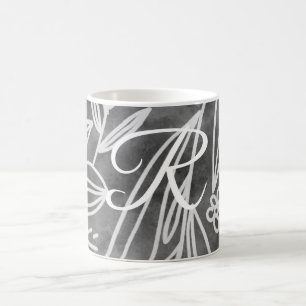 Elegant Black and White Monogram Leaves Drawing Coffee Mug