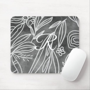 Elegant Black and White Monogram Leaves Drawing Mouse Pad