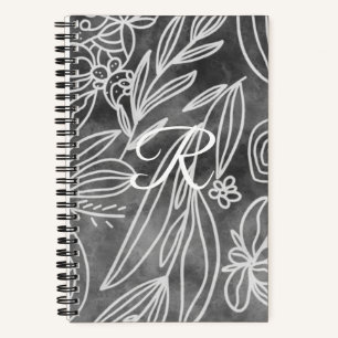 Elegant Black and White Monogram Leaves Drawing Notebook