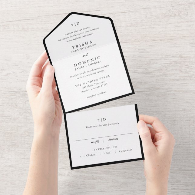 Elegant Black and White Monogram Modern Wedding All In One Invitation (Tearaway)