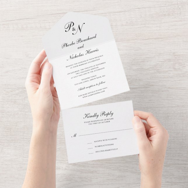 Elegant Black and White Monogram Wedding All In One Invitation (Tearaway)