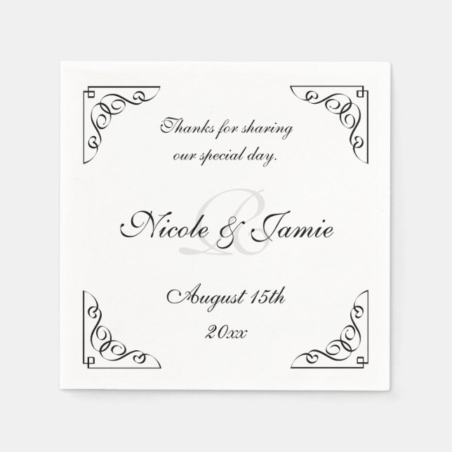 Elegant black and white monogram wedding napkins (Front)