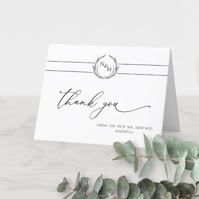 Elegant Black and White Monogram Wedding Thank You Card (Creator Uploaded)