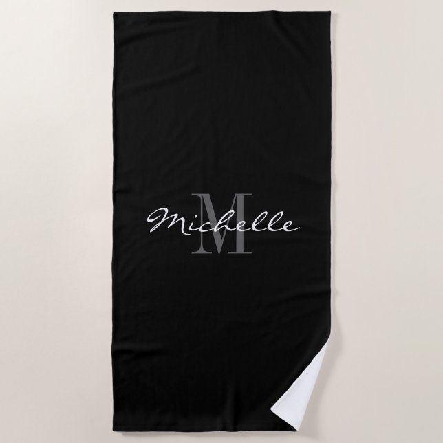 Elegant black and white monogrammed beach towel (Front)