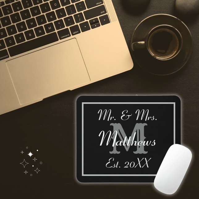 Elegant Black and White Monogrammed Wedding Mouse Pad (Creator Uploaded)