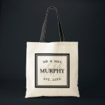Elegant black and white mr mrs monogram wedding tote bag<br><div class="desc">Elegant black and white mr mrs monogram wedding tote bags. Fancy logo design with beautiful typography for name, date and monogrammed letter. Cute personalised gift or party favour idea for bride, flower girls, maid of honour and bridesmaids at wedding party. Classy script typography with chic background letter. Also great for...</div>