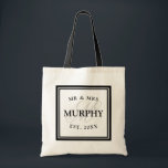Elegant black and white mr mrs monogram wedding tote bag<br><div class="desc">Elegant black and white mr mrs monogram wedding tote bags. Fancy logo design with beautiful typography for name, date and monogrammed letter. Cute personalised gift or party favour idea for bride, flower girls, maid of honour and bridesmaids at wedding party. Classy script typography with chic background letter. Also great for...</div>