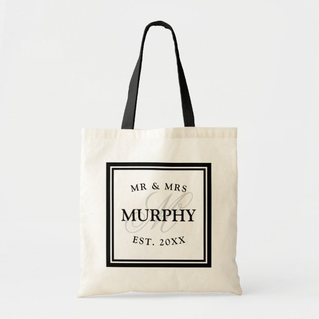 Elegant black and white mr mrs monogram wedding tote bag (Front)